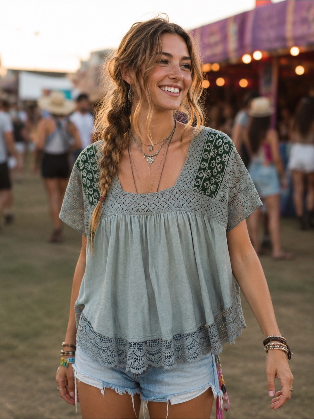 FREE PEOPLE Blue Boho Crochet-Trim Cotton Blend Batwing Sleeve Top Size XS